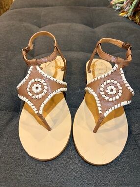 Jack Rogers Maci Brown Leather T-Strap Sandals with White Stitching New Size 7